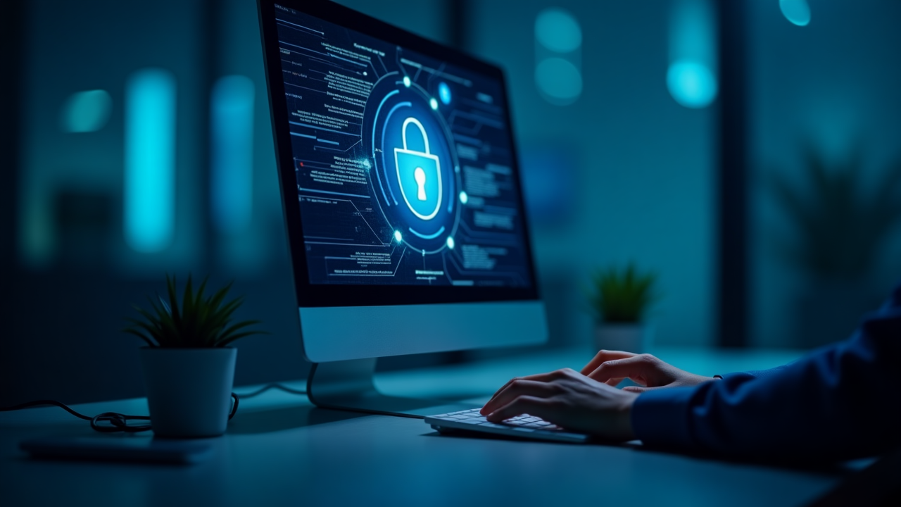 Concepto de ciberseguridad ilustrado con pantalla de computadora mostrando escudo de protección